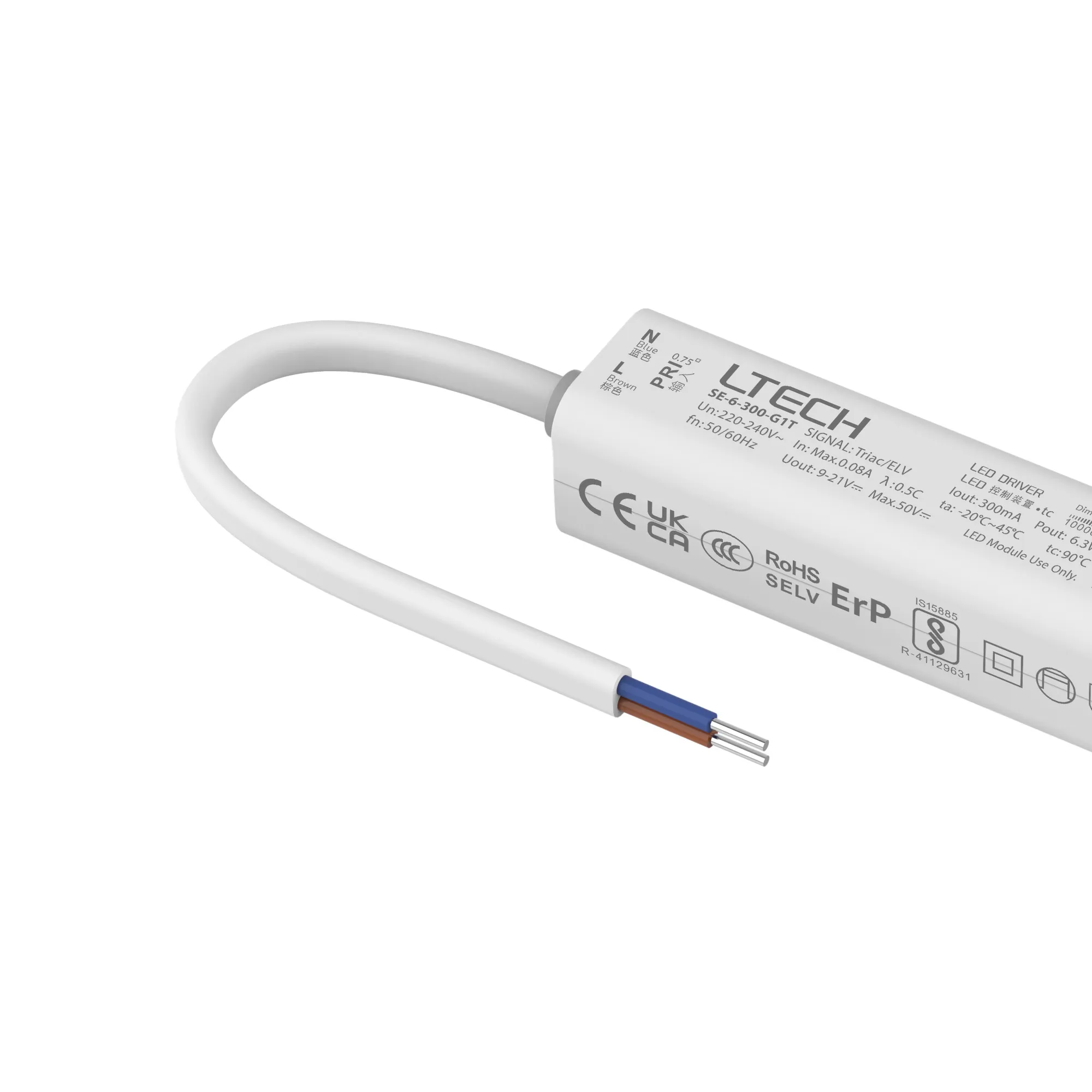 Triac/ELV, PWM,6W, C. Current Dimmable Driver, 300mA, DC:9-42Vdc, EFF>70%, IP20. SE-6-300-G1T  LTECH Triac Constant Current